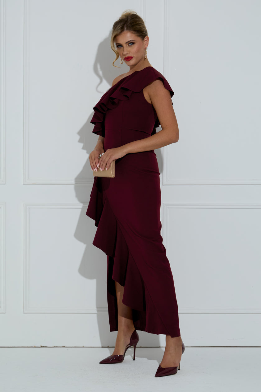 BEAU FRILL 1 SHOULDER DRESS - OXBLOOD