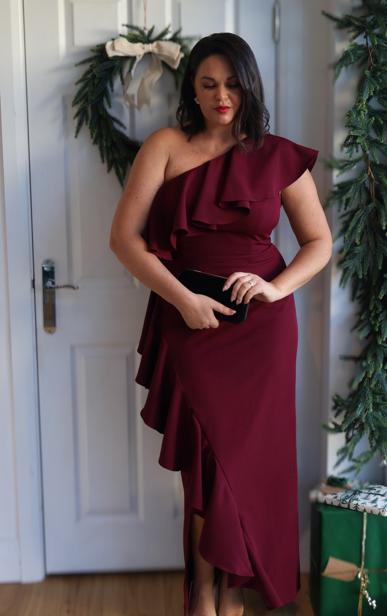 BEAU FRILL 1 SHOULDER DRESS - OXBLOOD