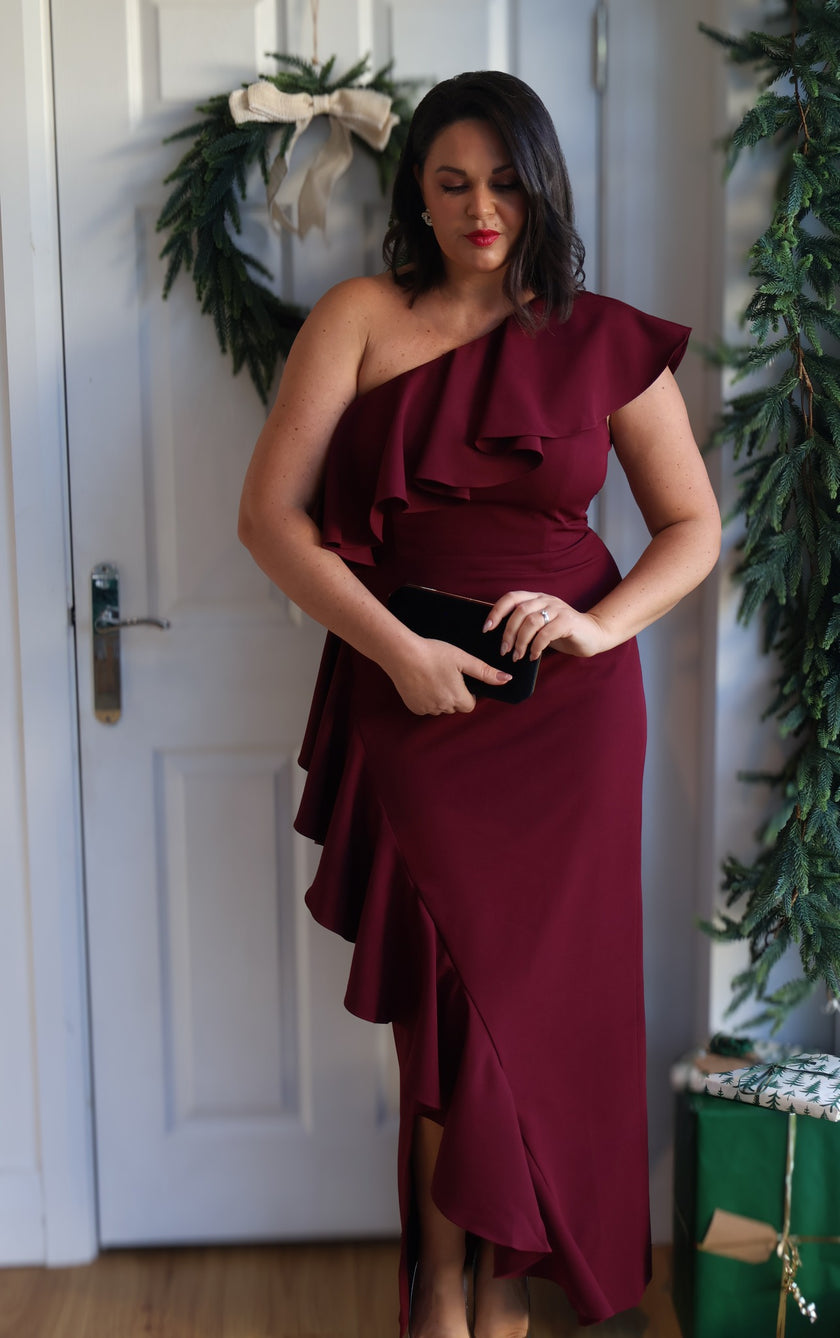 BEAU FRILL 1 SHOULDER DRESS - OXBLOOD