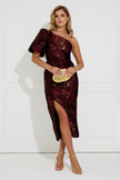 DIANA METALLIC RUCHE 1 SHOULDER DRESS - OXBLOOD