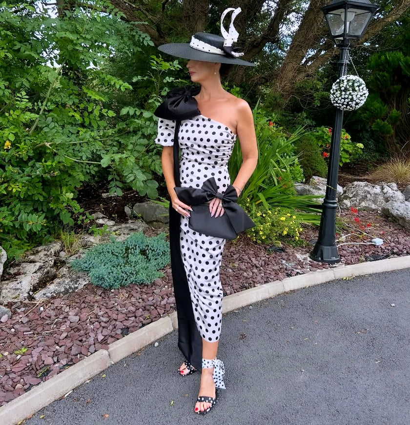 DIANA 1 SHOULDER RUCHE MIDI - CHAMPAGNE IVORY POLKA DOT