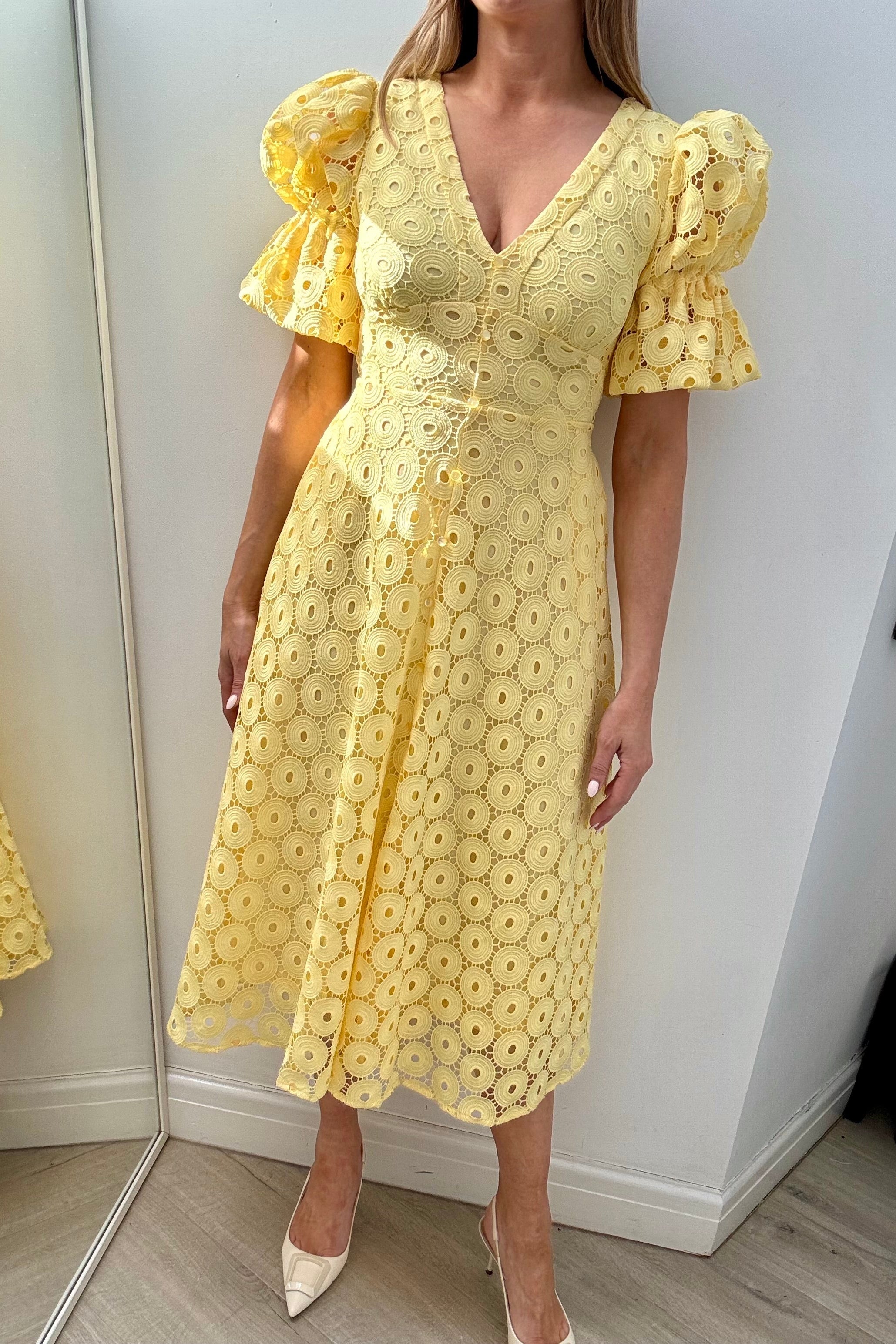 CALLIE LACE PUFF SLEEVE MIDI DRESS WTH BOW BACK - LEMON YELLOW