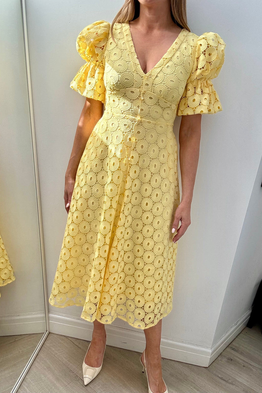CALLIE LACE PUFF SLEEVE MIDI DRESS WTH BOW BACK - LEMON YELLOW