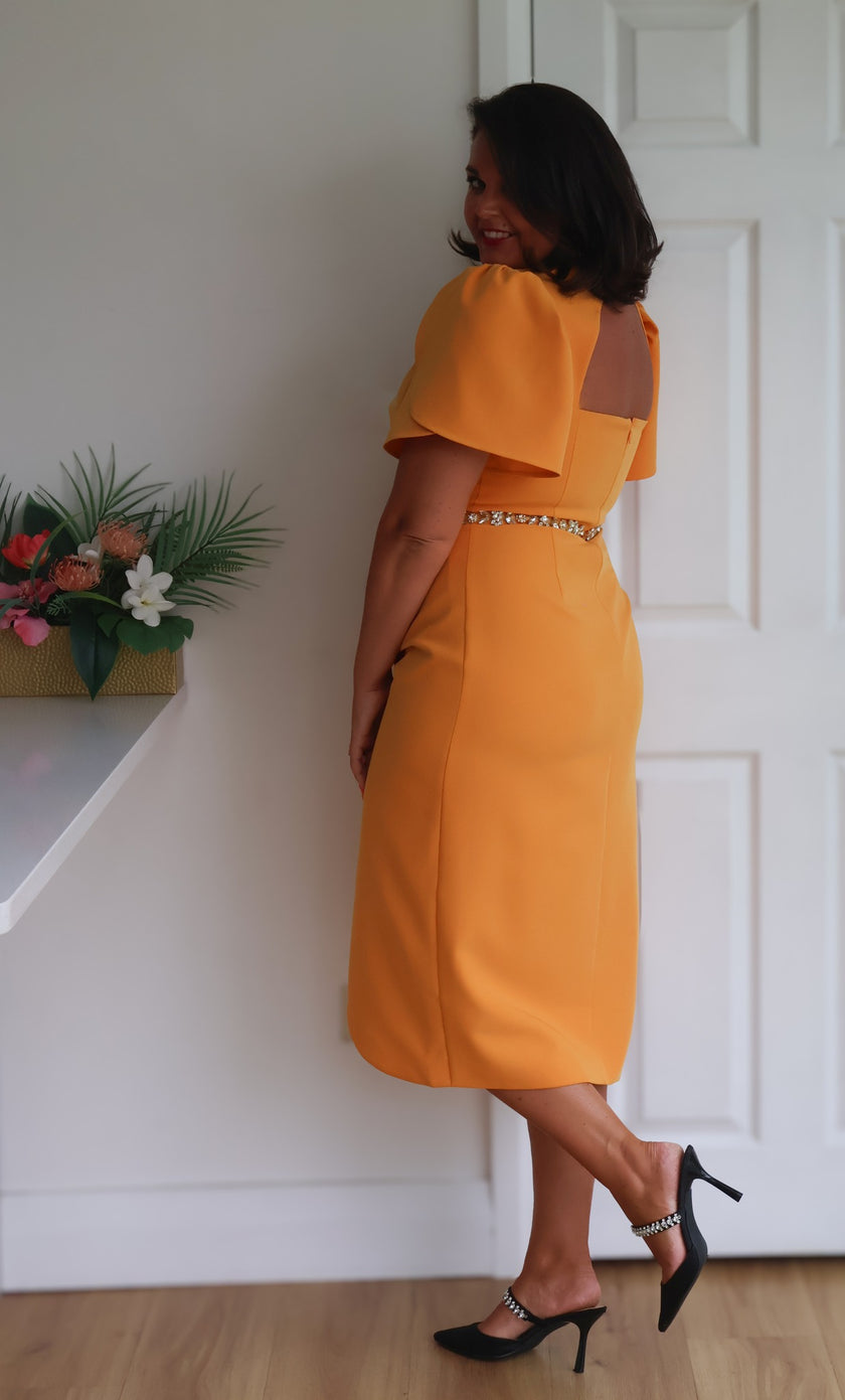 SOLANA EMBELLISHED WAIST TULIP SKIRT MIDI - SUNSHINE ORANGE