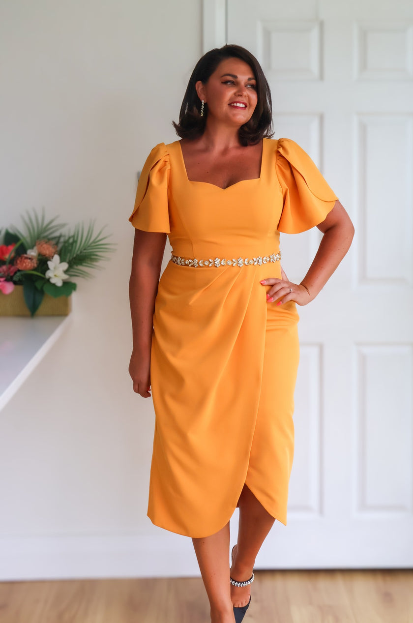 SOLANA EMBELLISHED WAIST TULIP SKIRT MIDI - SUNSHINE ORANGE