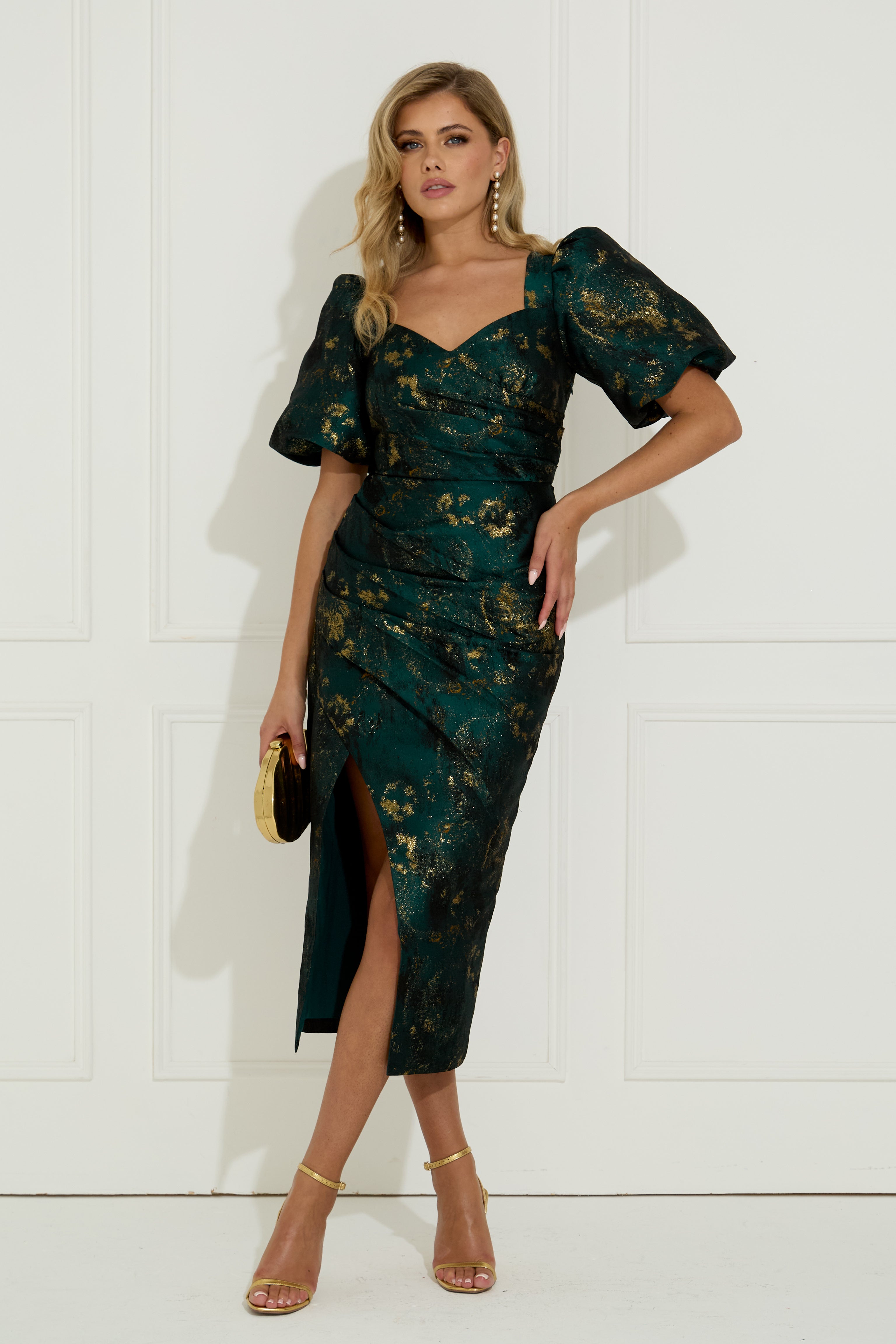 **PRE ORDER** CAMELLIA SWEETHEART METALLIC RUCHE MIDI - GREEN GOLD