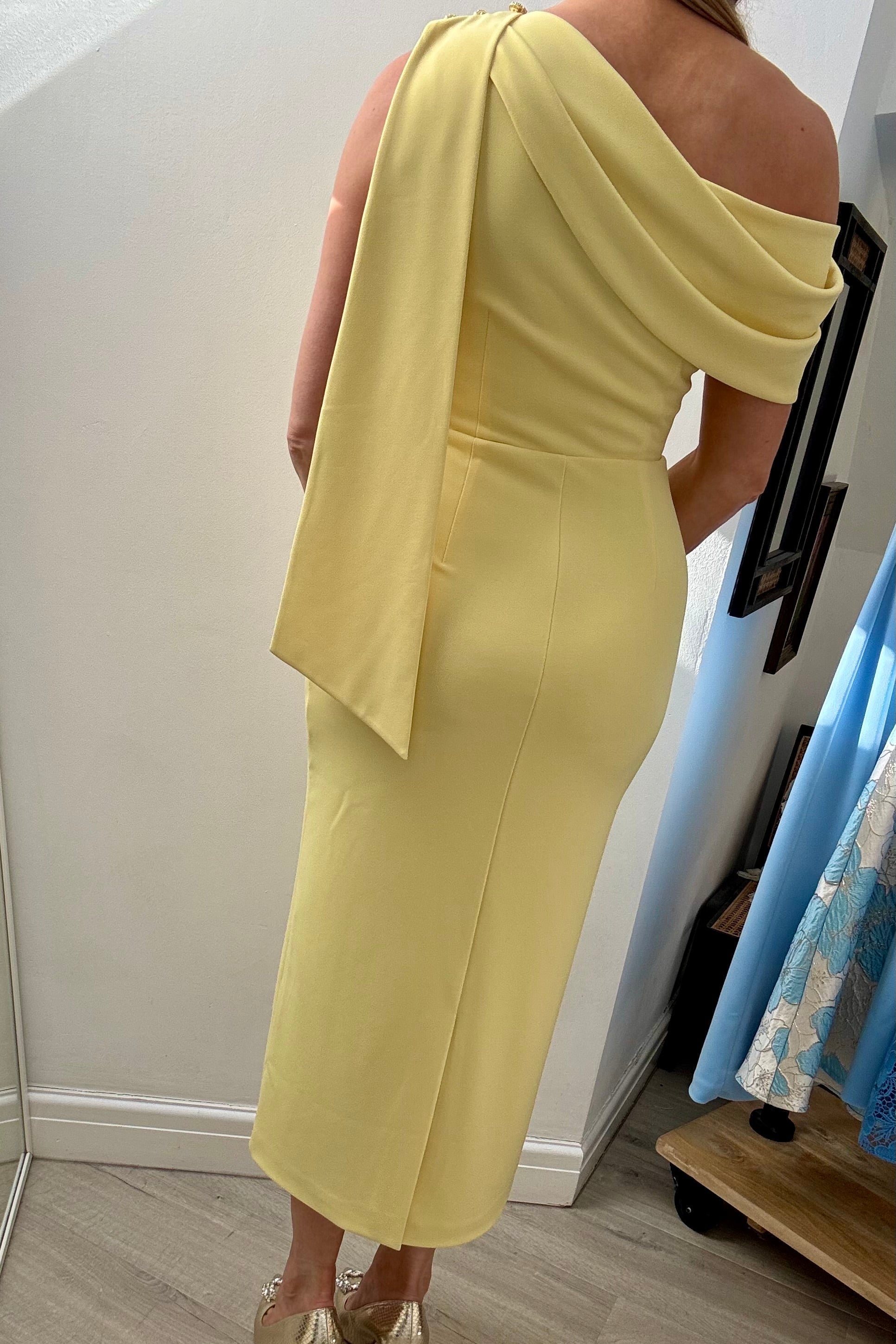ELENI DRAPE MIDI DRESS - LEMON YELLOW