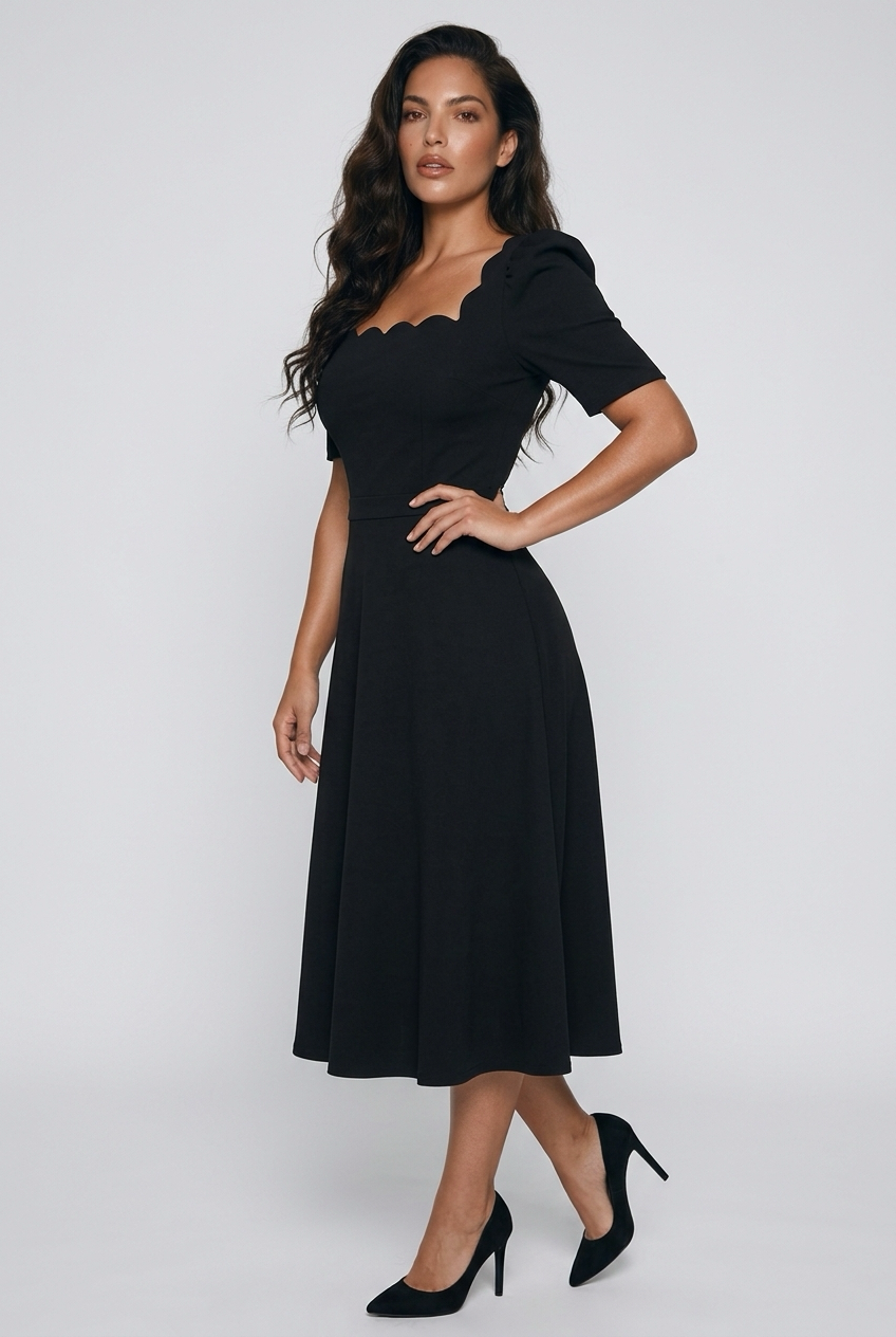 LIVIA SCALLOP SKATER MIDI DRESS - BLACK