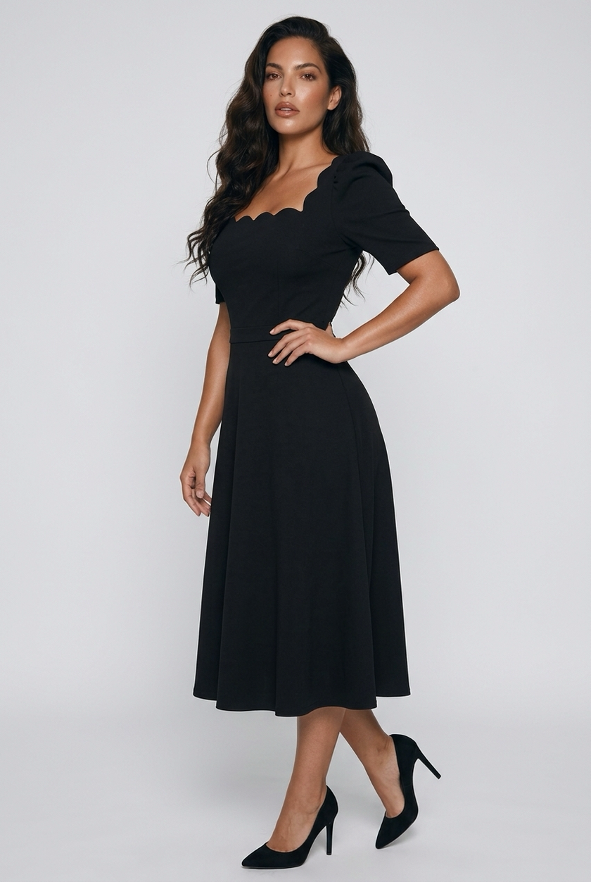 LIVIA SCALLOP SKATER MIDI DRESS - BLACK