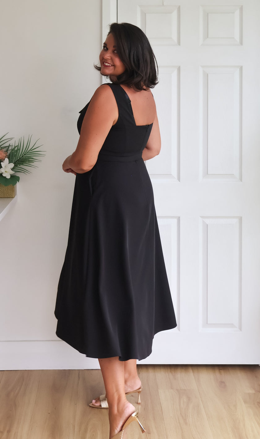 SAFFIRA BELTED FULL SKIRT MIDI DRESS - BLACK
