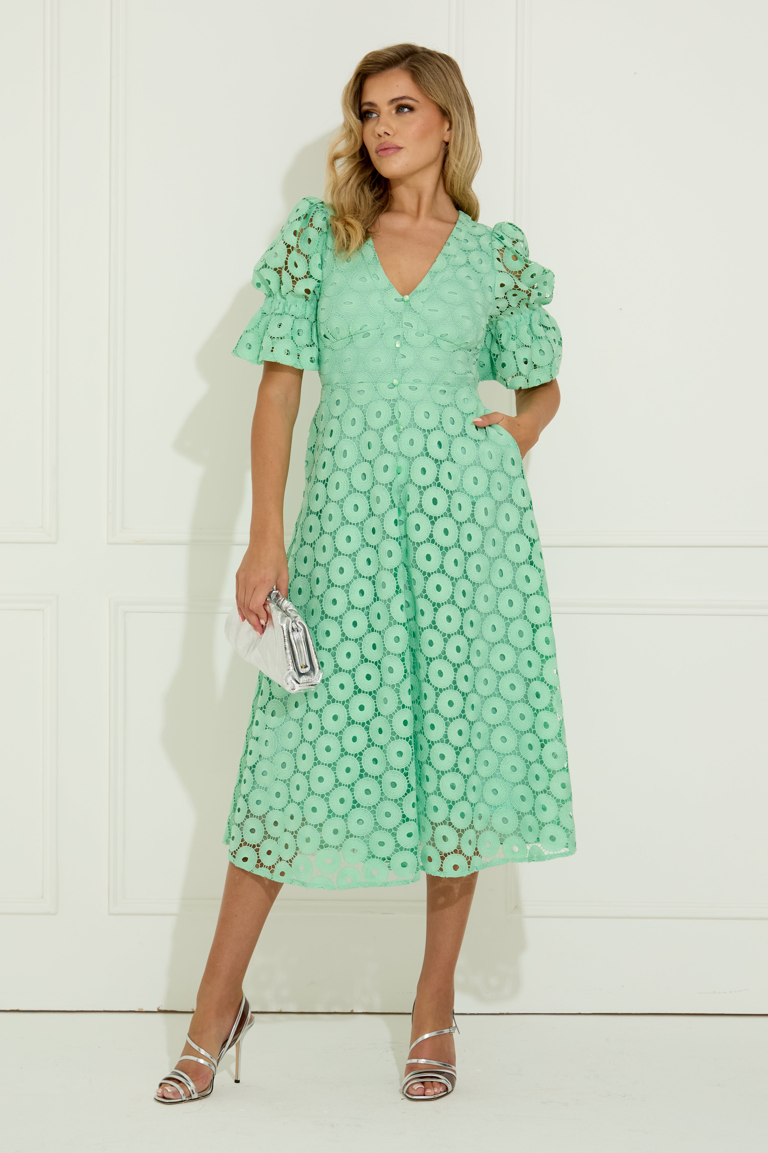 CALLIE CROCHET LACE MIDI DRESS - MINT GREEN