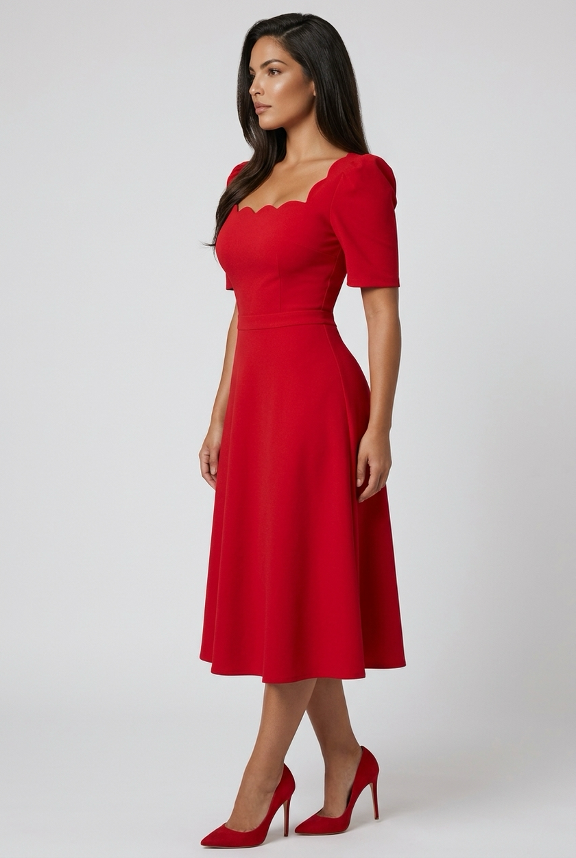 LIVIA SCALLOP SKATER MIDI DRESS - RED