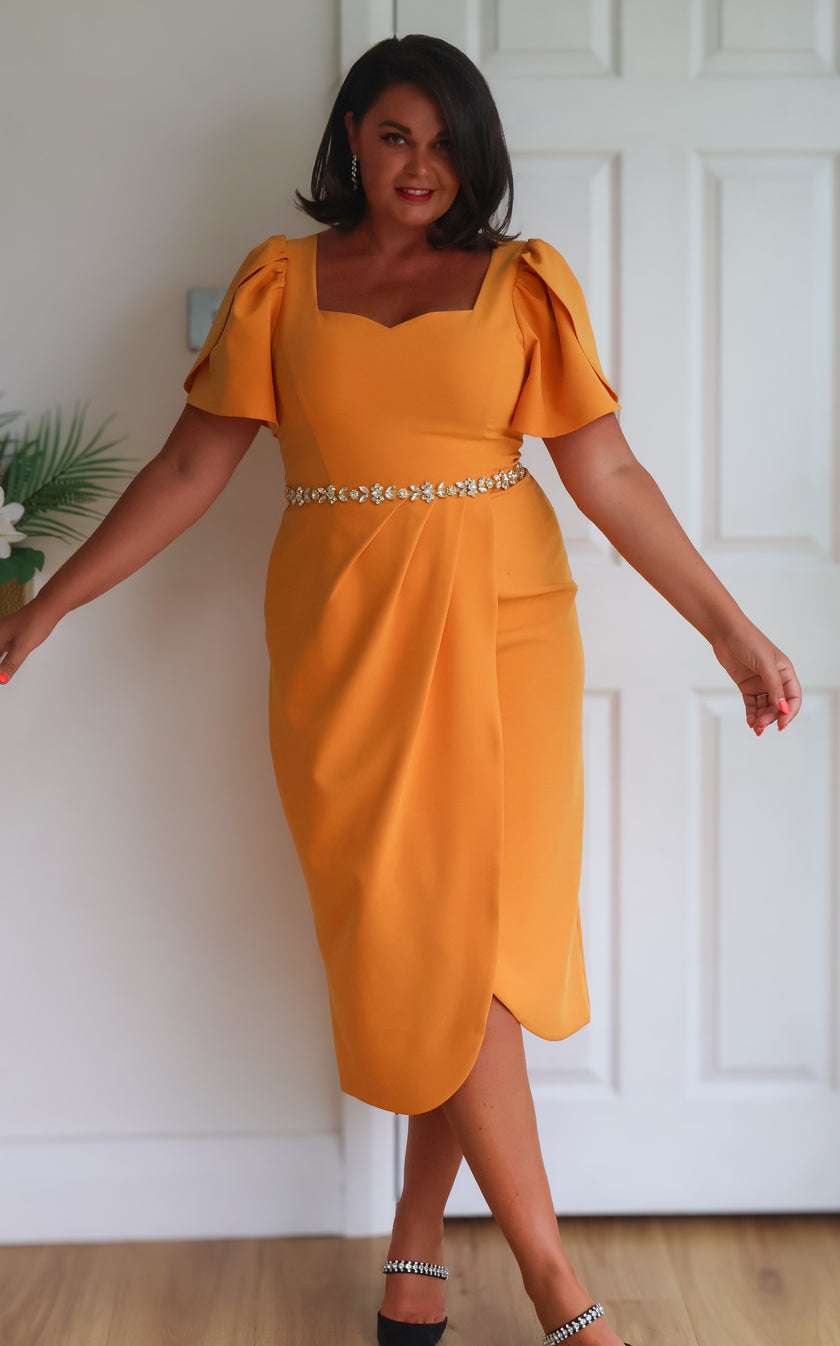 SOLANA EMBELLISHED WAIST TULIP SKIRT MIDI - SUNSHINE ORANGE