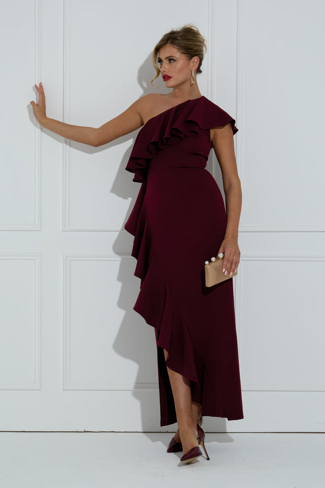 BEAU FRILL 1 SHOULDER DRESS - OXBLOOD