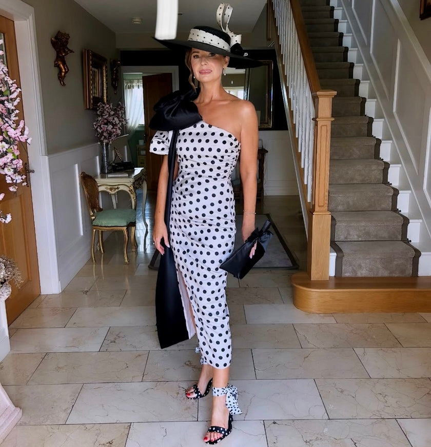 DIANA 1 SHOULDER RUCHE MIDI - CHAMPAGNE IVORY POLKA DOT