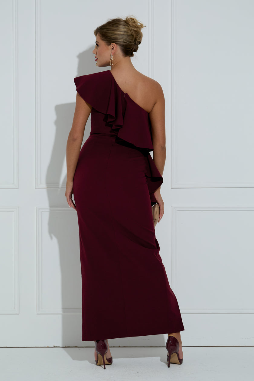 BEAU FRILL 1 SHOULDER DRESS - OXBLOOD