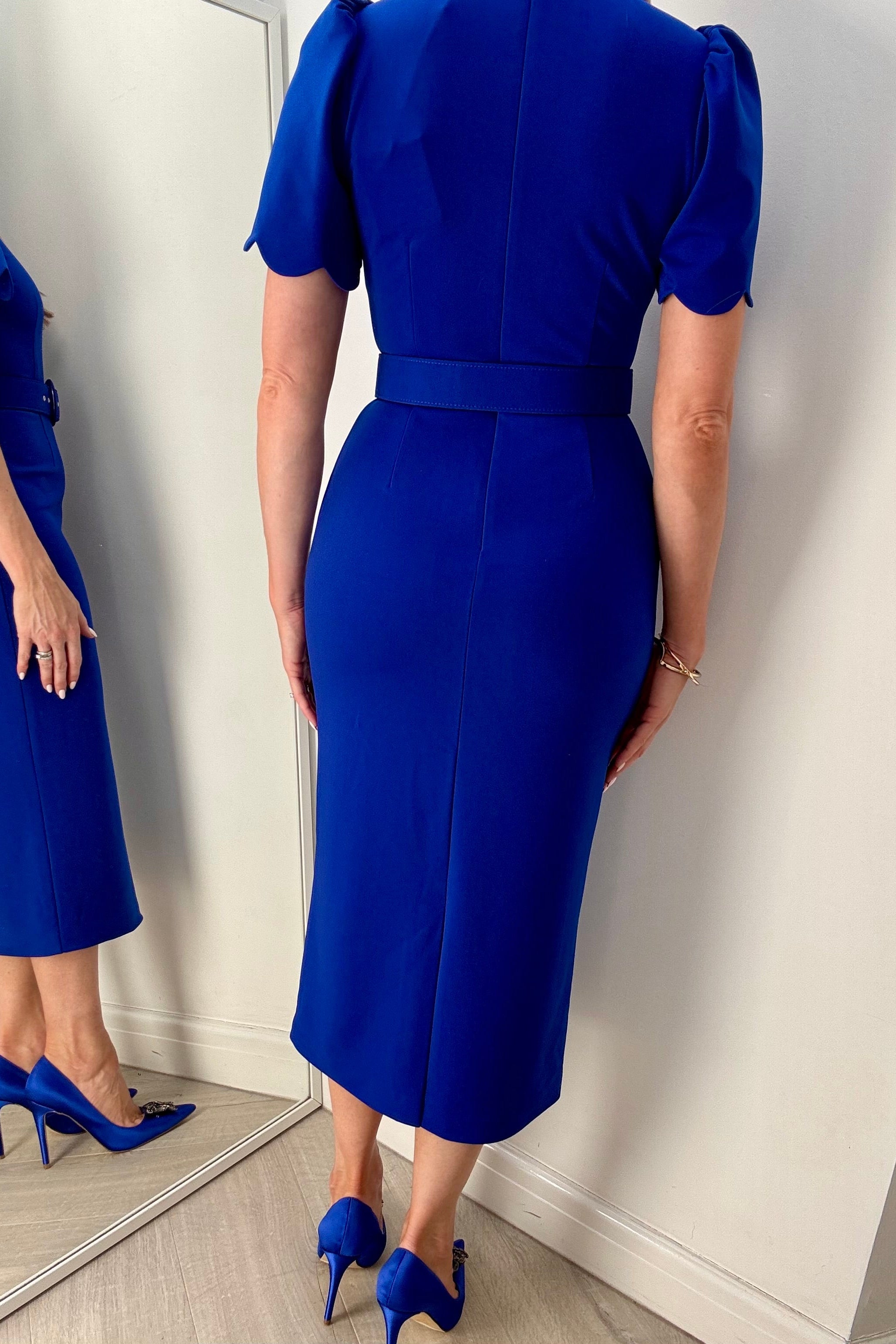 IMPERIAL SCALLOP SLEEVE BELTED MIDI - ROYAL BLUE