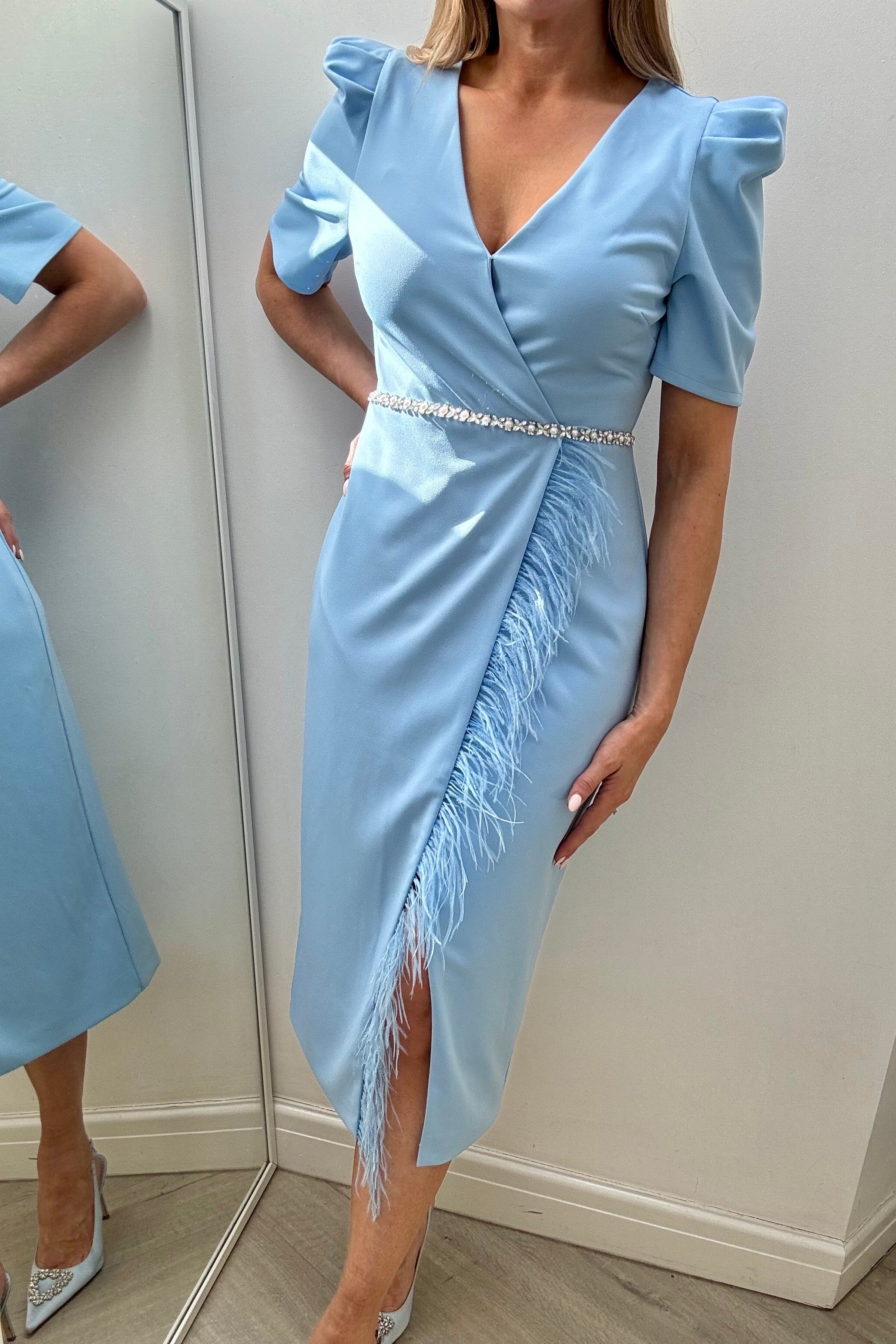 VIVIENNE PUFF SLEEVE FEATHER DRESS - PALE BLUE