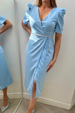 VIVIENNE PUFF SLEEVE FEATHER DRESS - PALE BLUE