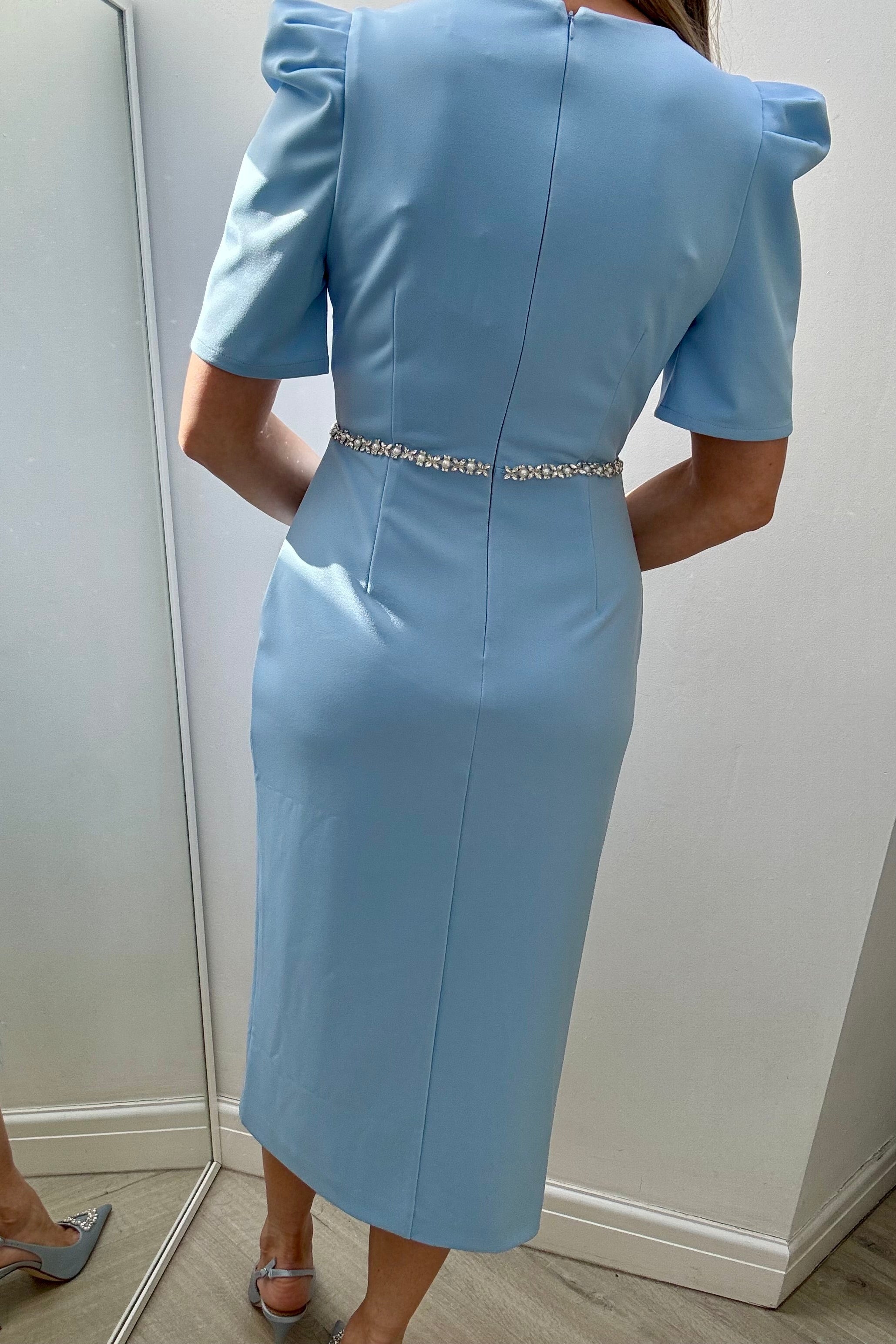 VIVIENNE PUFF SLEEVE FEATHER DRESS - PALE BLUE
