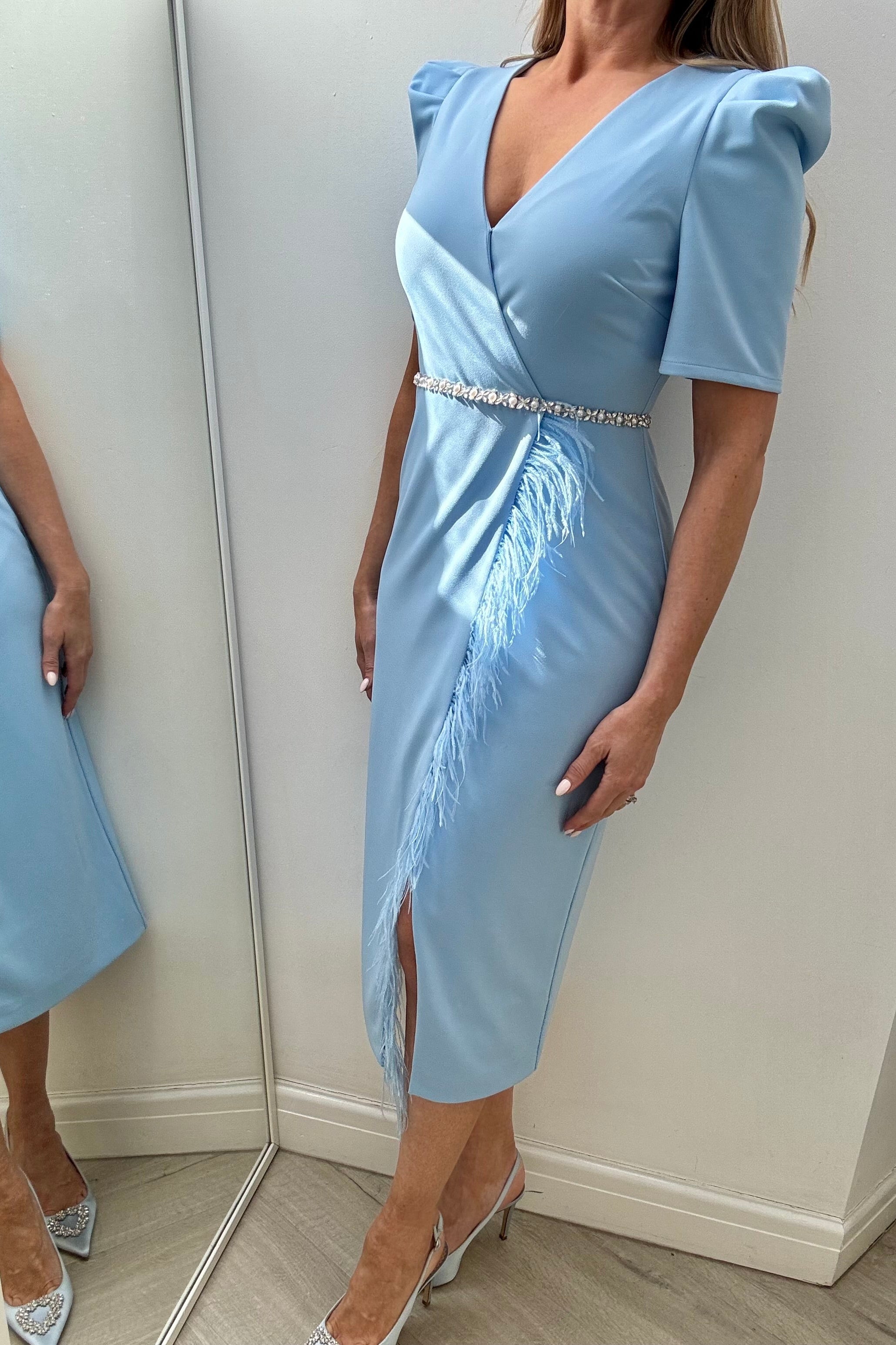 VIVIENNE PUFF SLEEVE FEATHER DRESS - PALE BLUE