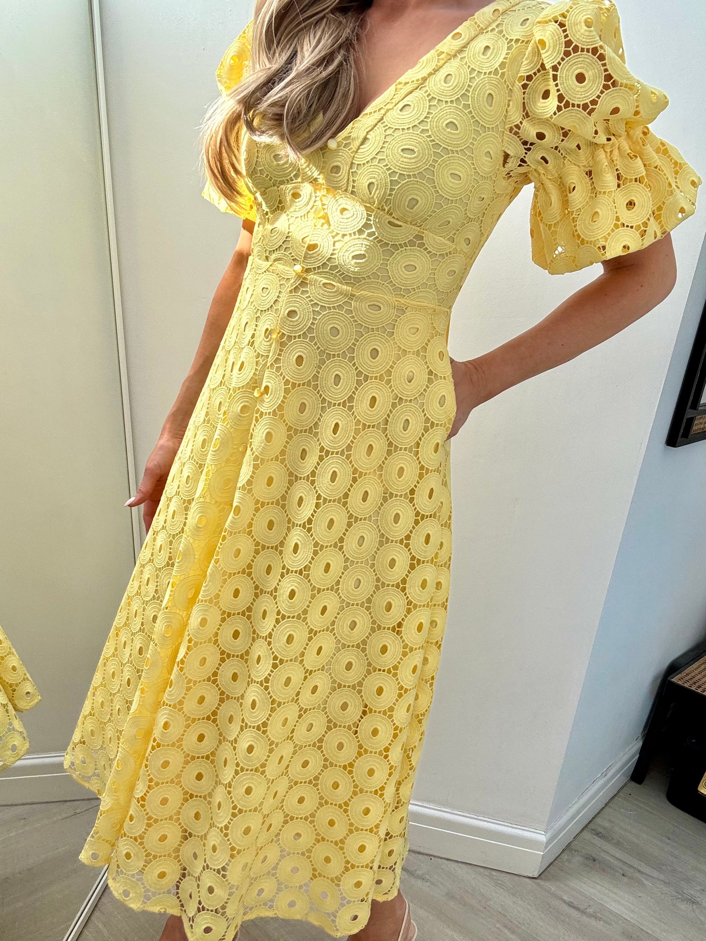 CALLIE LACE PUFF SLEEVE MIDI DRESS WTH BOW BACK - LEMON YELLOW