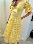 CALLIE LACE PUFF SLEEVE MIDI DRESS WTH BOW BACK - LEMON YELLOW