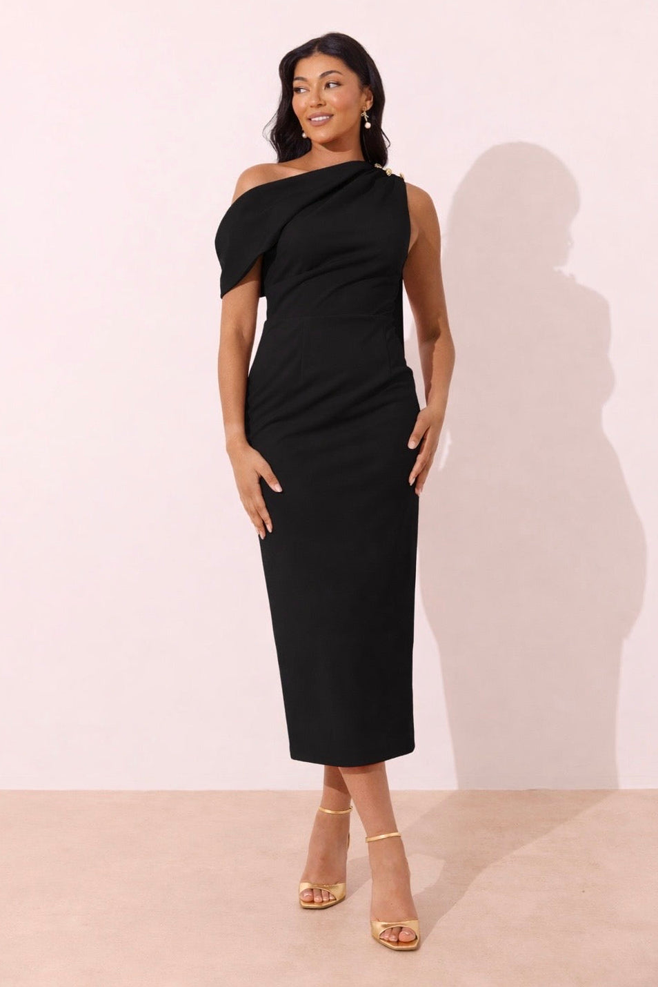 ELENI DRAPE MIDI DRESS - BLACK