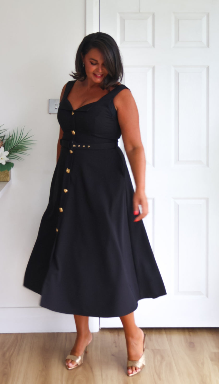SAFFIRA BELTED FULL SKIRT MIDI DRESS - BLACK