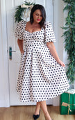 AUDREY PUFF SLEEVE FULL SKIRT DRESS - CHAMPAGNE IVORY POLKA DOT