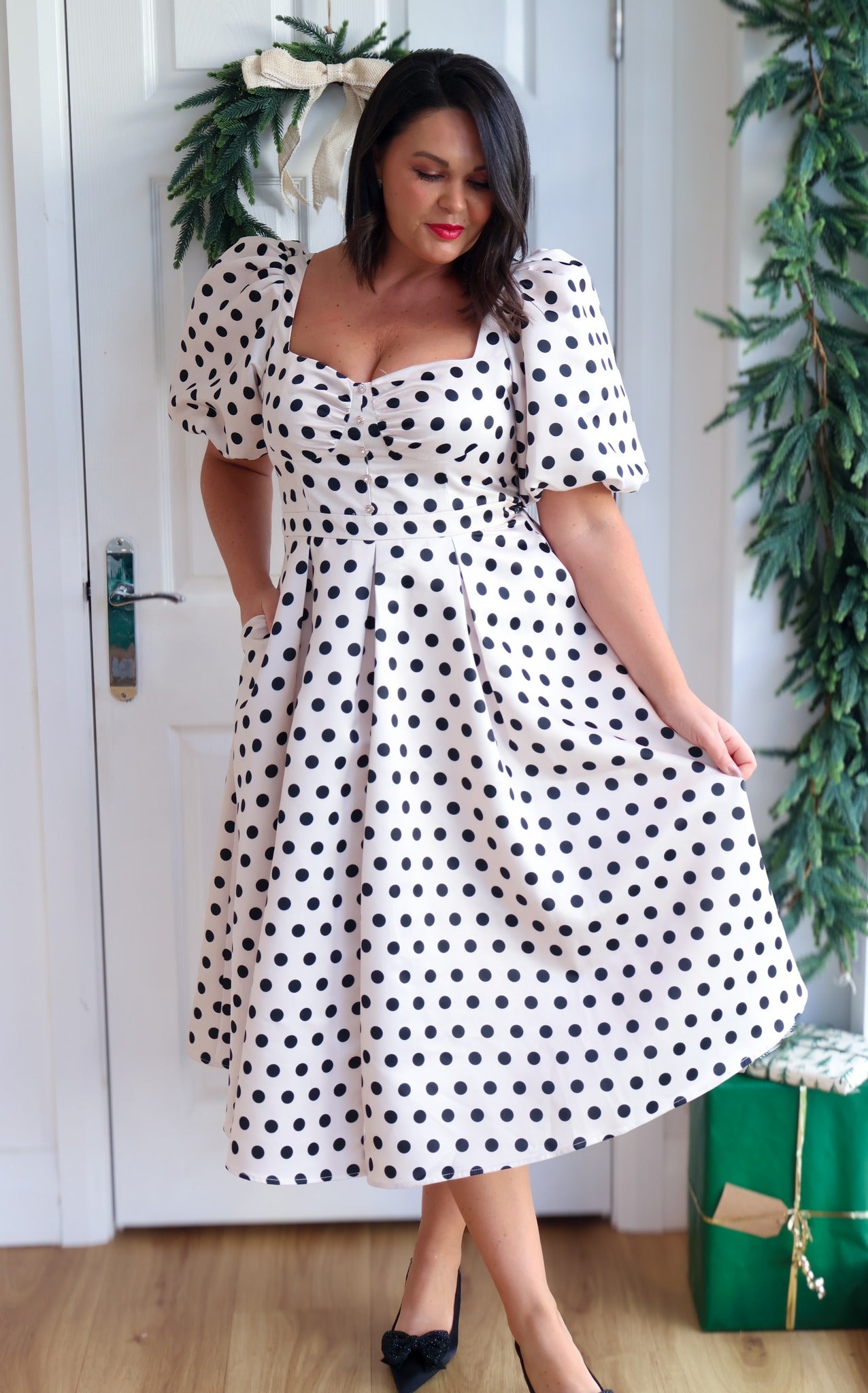 AUDREY PUFF SLEEVE FULL SKIRT DRESS - CHAMPAGNE IVORY POLKA DOT