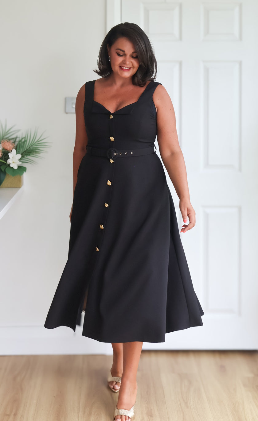 SAFFIRA BELTED FULL SKIRT MIDI DRESS - BLACK