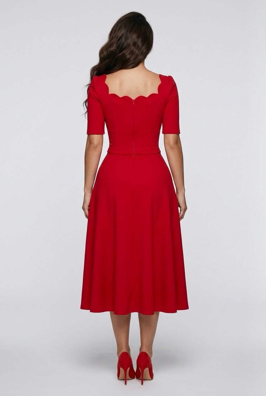 LIVIA SCALLOP SKATER MIDI DRESS - RED