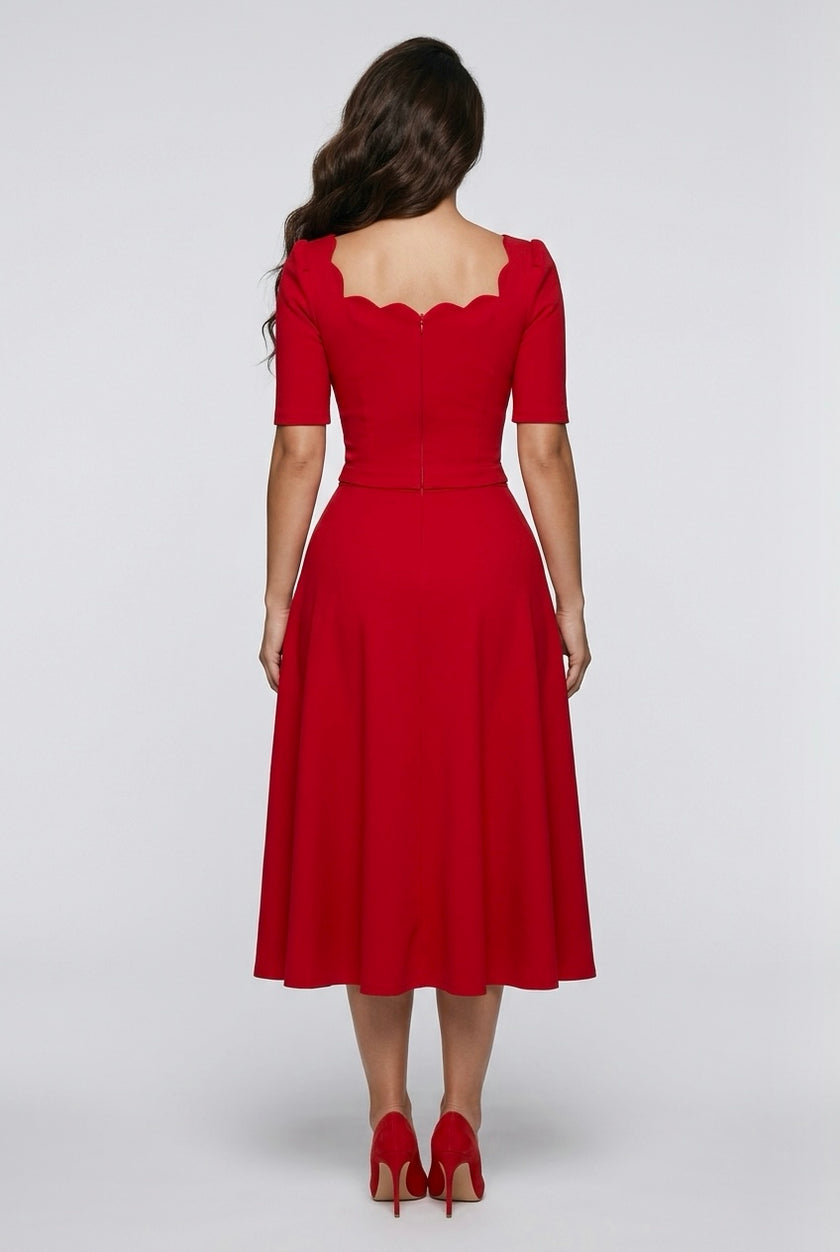 LIVIA SCALLOP SKATER MIDI DRESS - RED