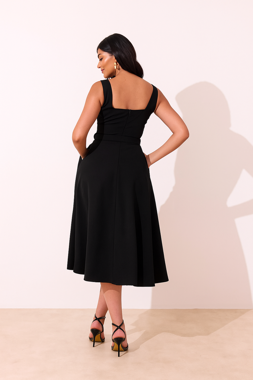 SAFFIRA BELTED FULL SKIRT MIDI DRESS - BLACK