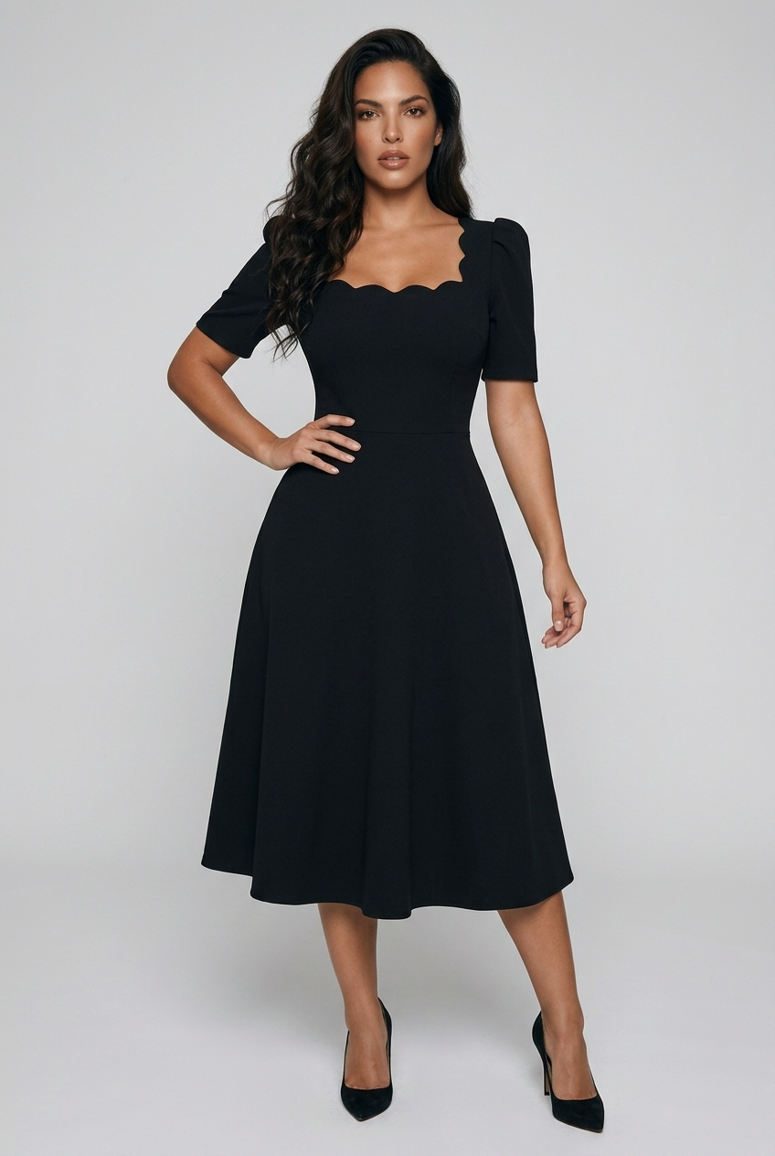 LIVIA SCALLOP SKATER MIDI DRESS - BLACK