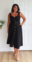SAFFIRA BELTED FULL SKIRT MIDI DRESS - BLACK