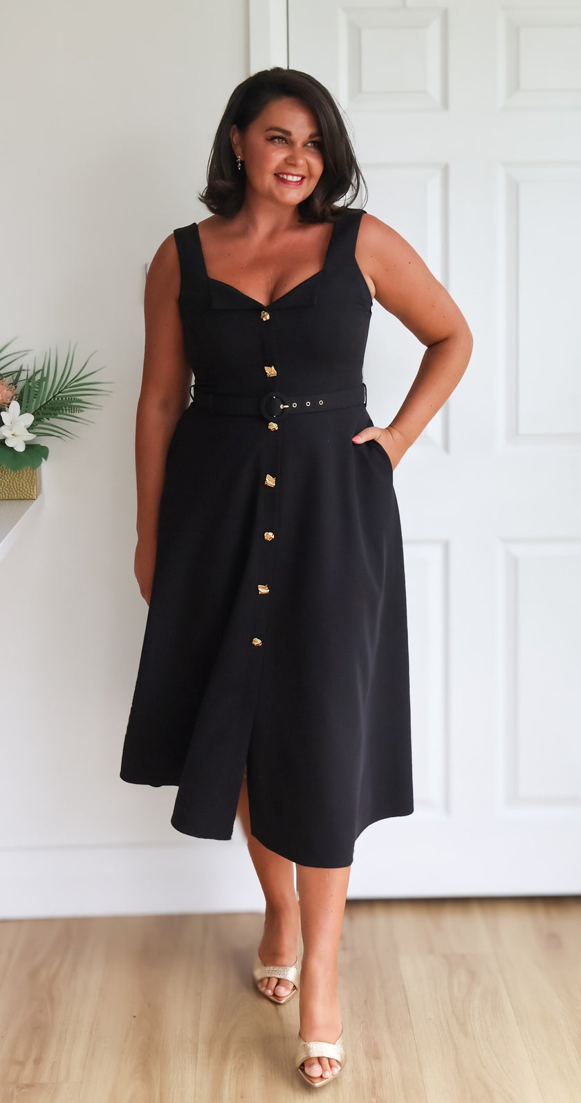 SAFFIRA BELTED FULL SKIRT MIDI DRESS - BLACK