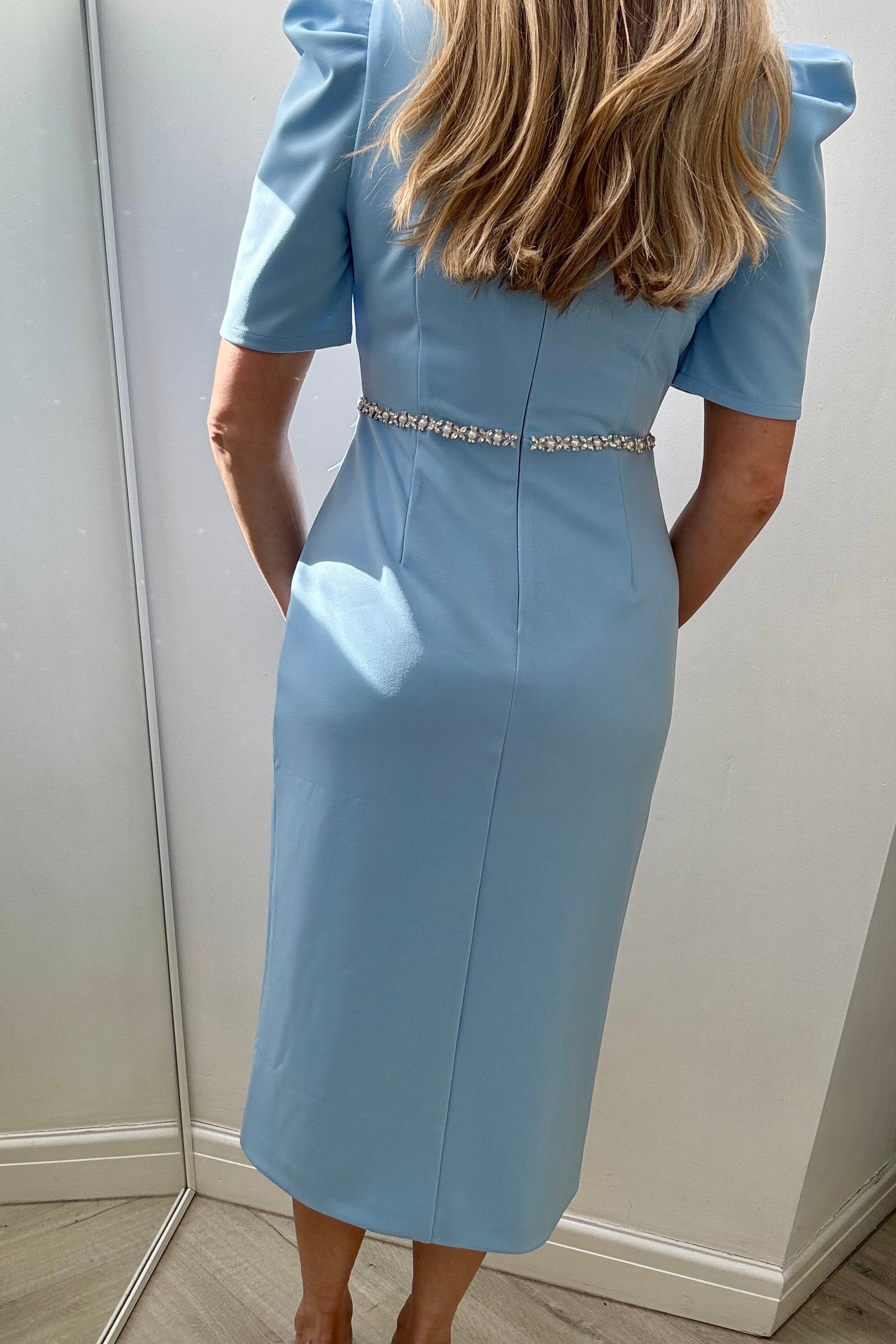 VIVIENNE PUFF SLEEVE FEATHER DRESS - PALE BLUE