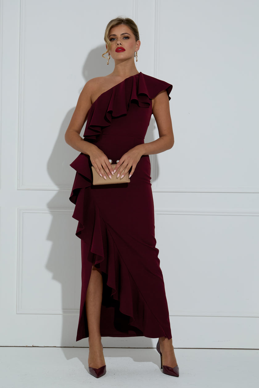 BEAU FRILL 1 SHOULDER DRESS - OXBLOOD