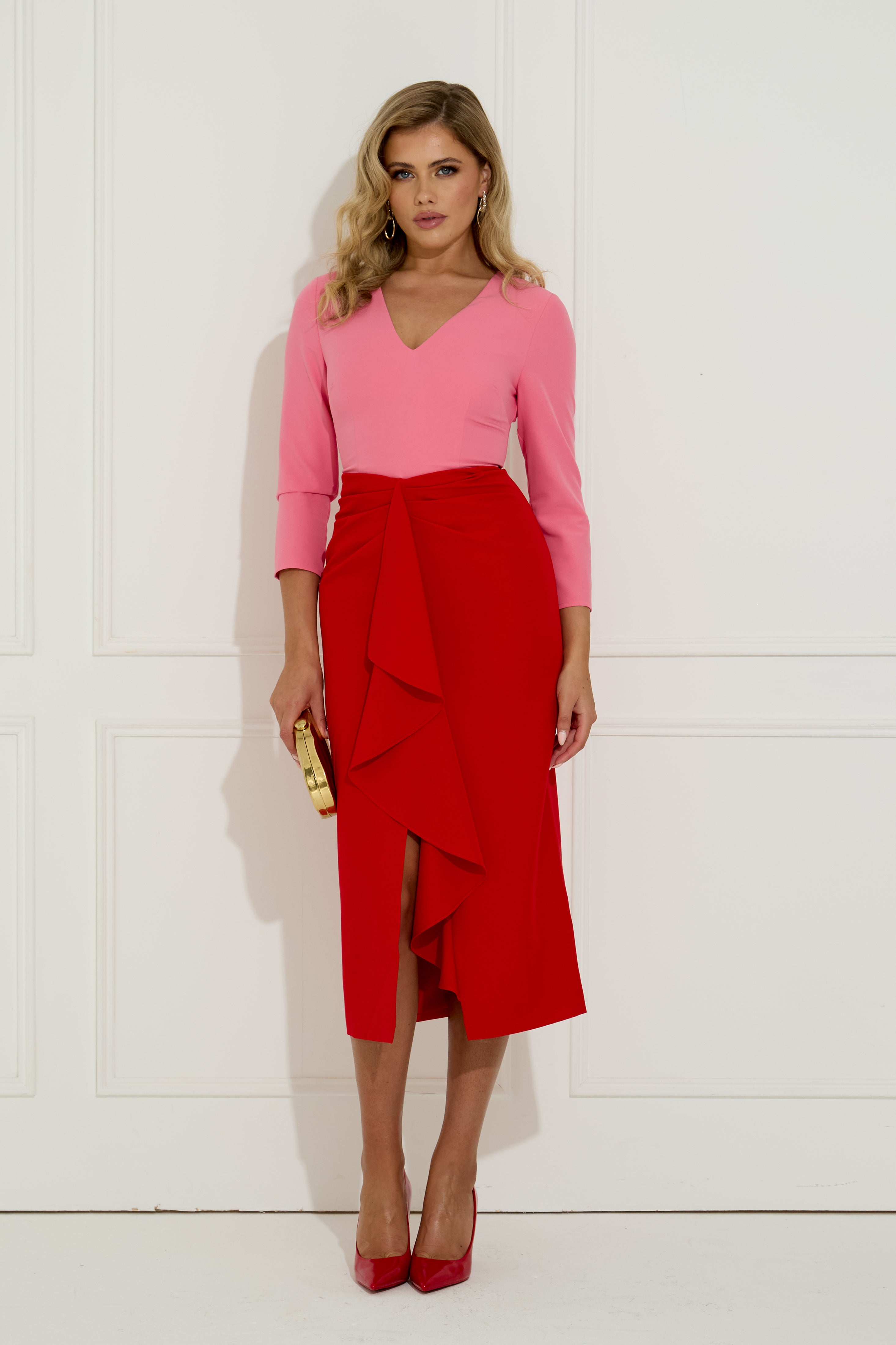 CARMEN COLOURBLOCK FRILL MIDI DRESS - RED PINK