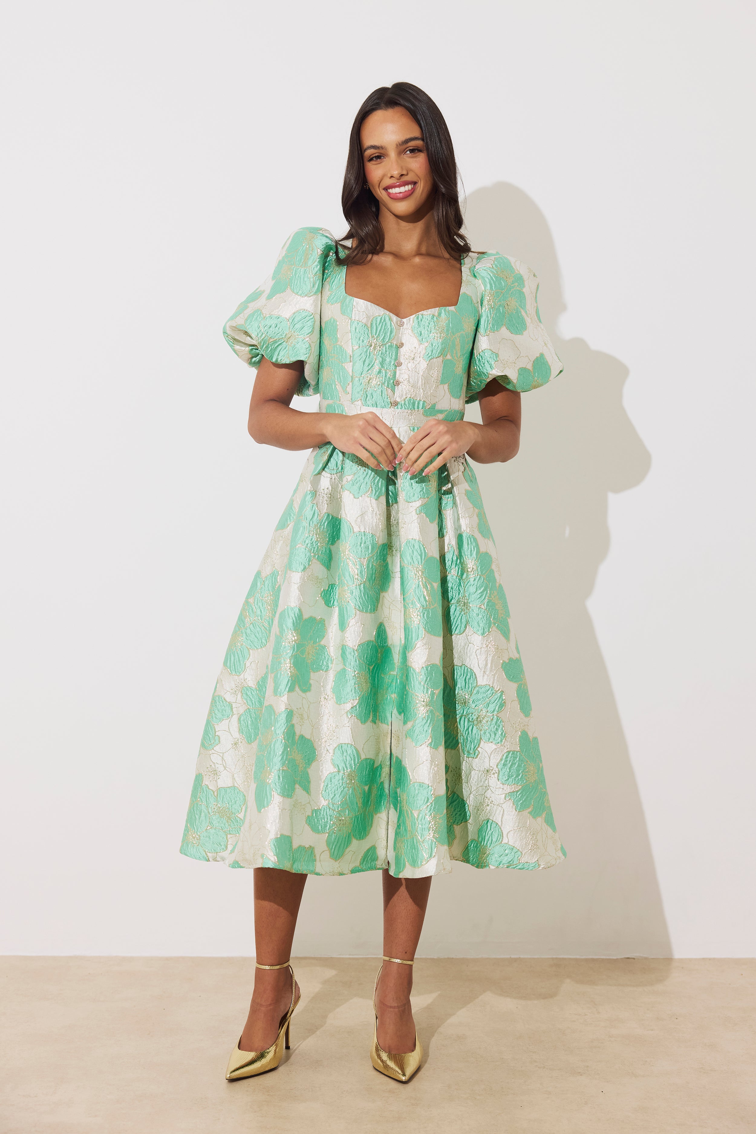 AUDREY PUFF SLEEVE FULL SKIRT DRESS - METALLIC MINT