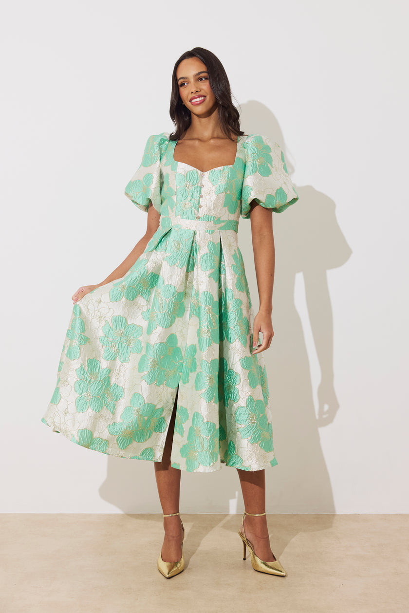 AUDREY PUFF SLEEVE FULL SKIRT DRESS - METALLIC MINT