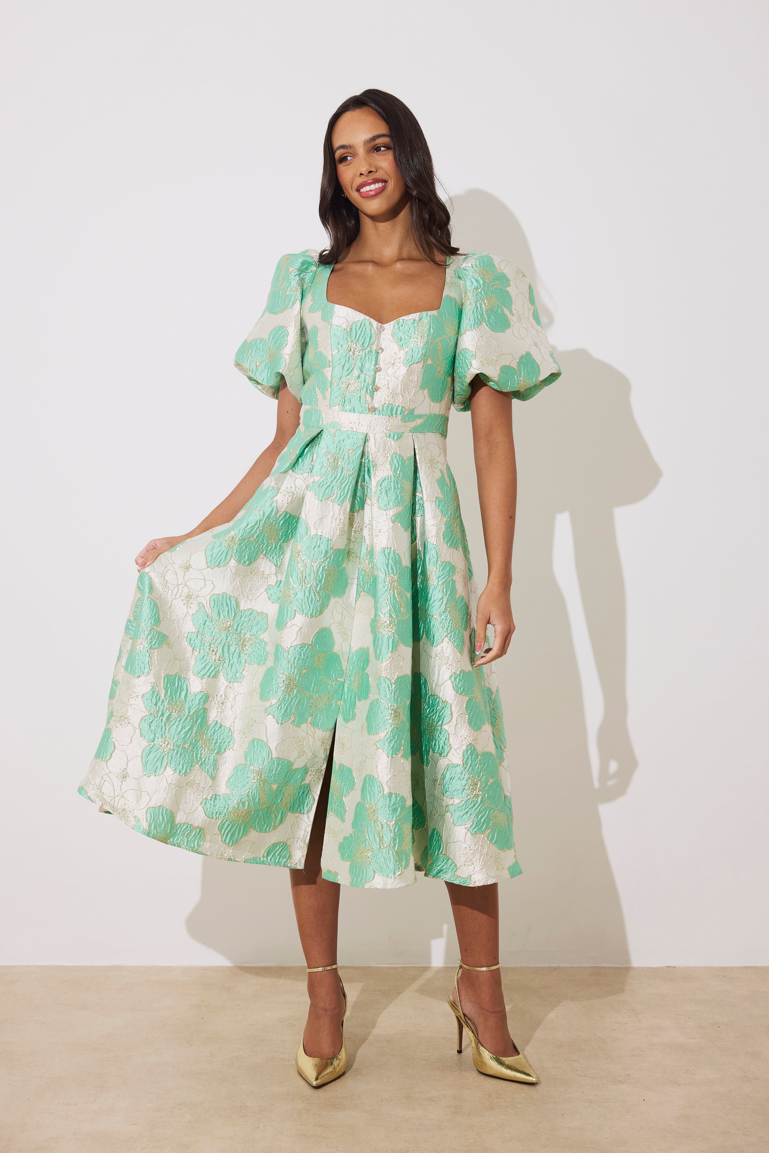 AUDREY PUFF SLEEVE FULL SKIRT DRESS - METALLIC MINT