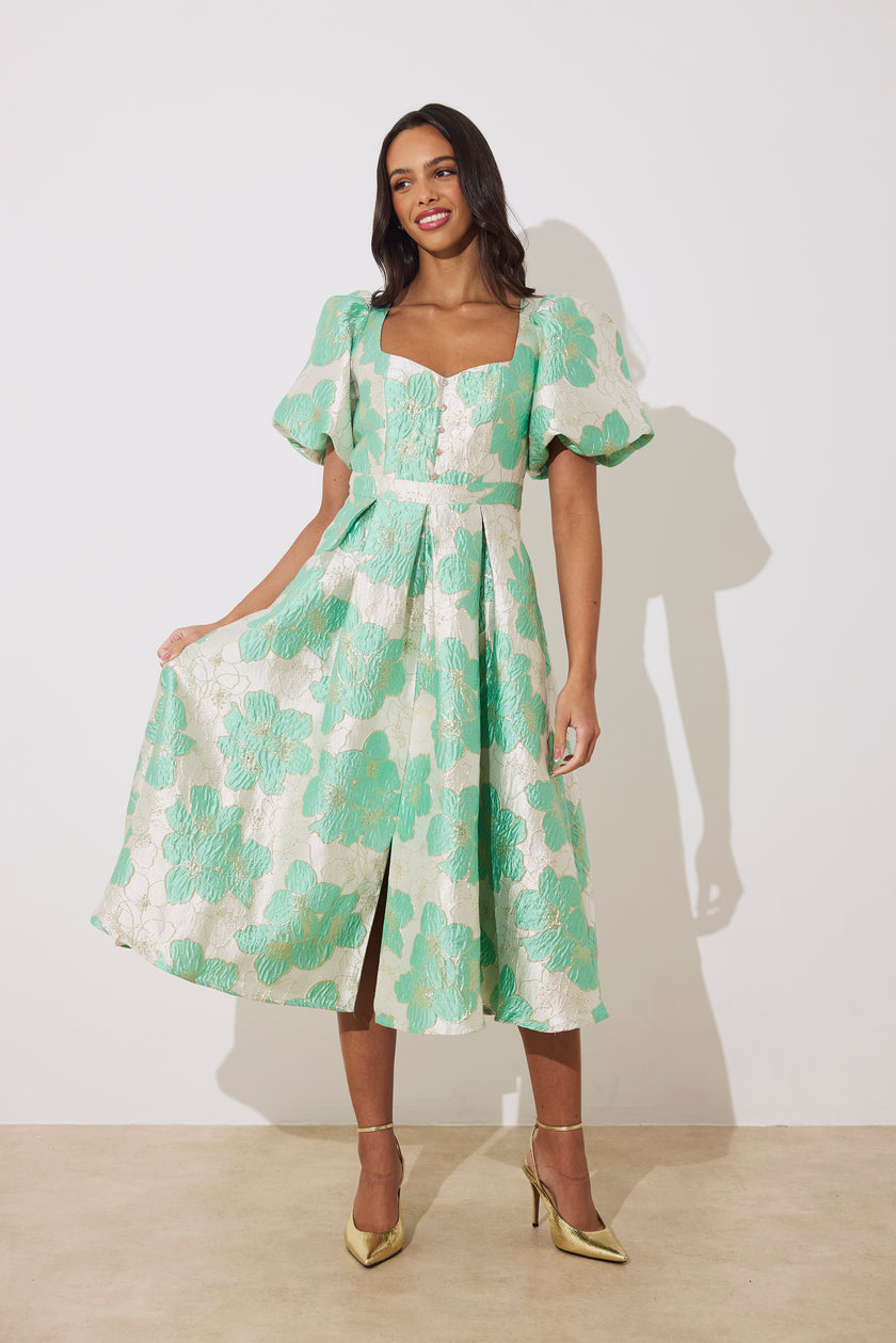 AUDREY PUFF SLEEVE FULL SKIRT DRESS - METALLIC MINT