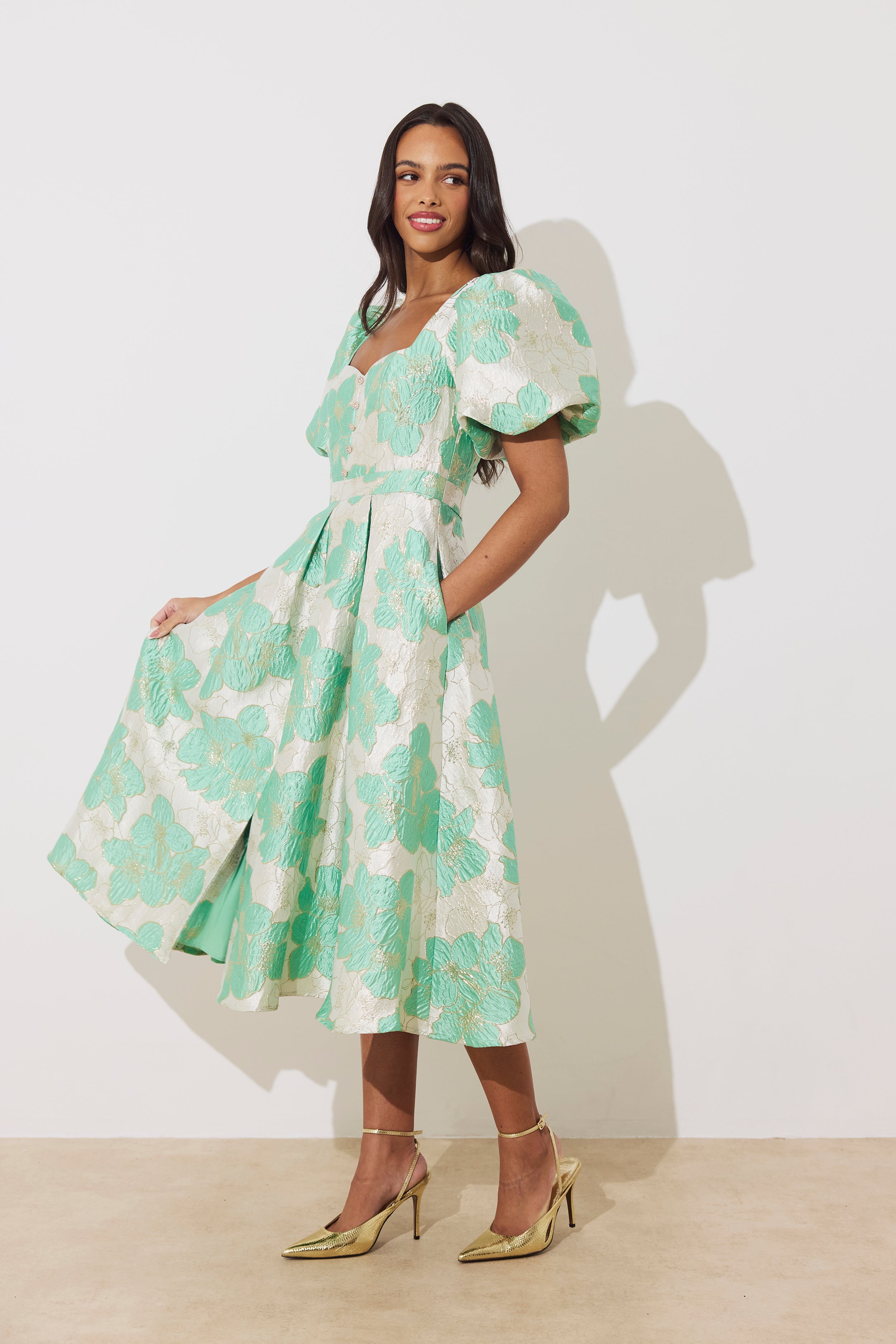 AUDREY PUFF SLEEVE FULL SKIRT DRESS - METALLIC MINT