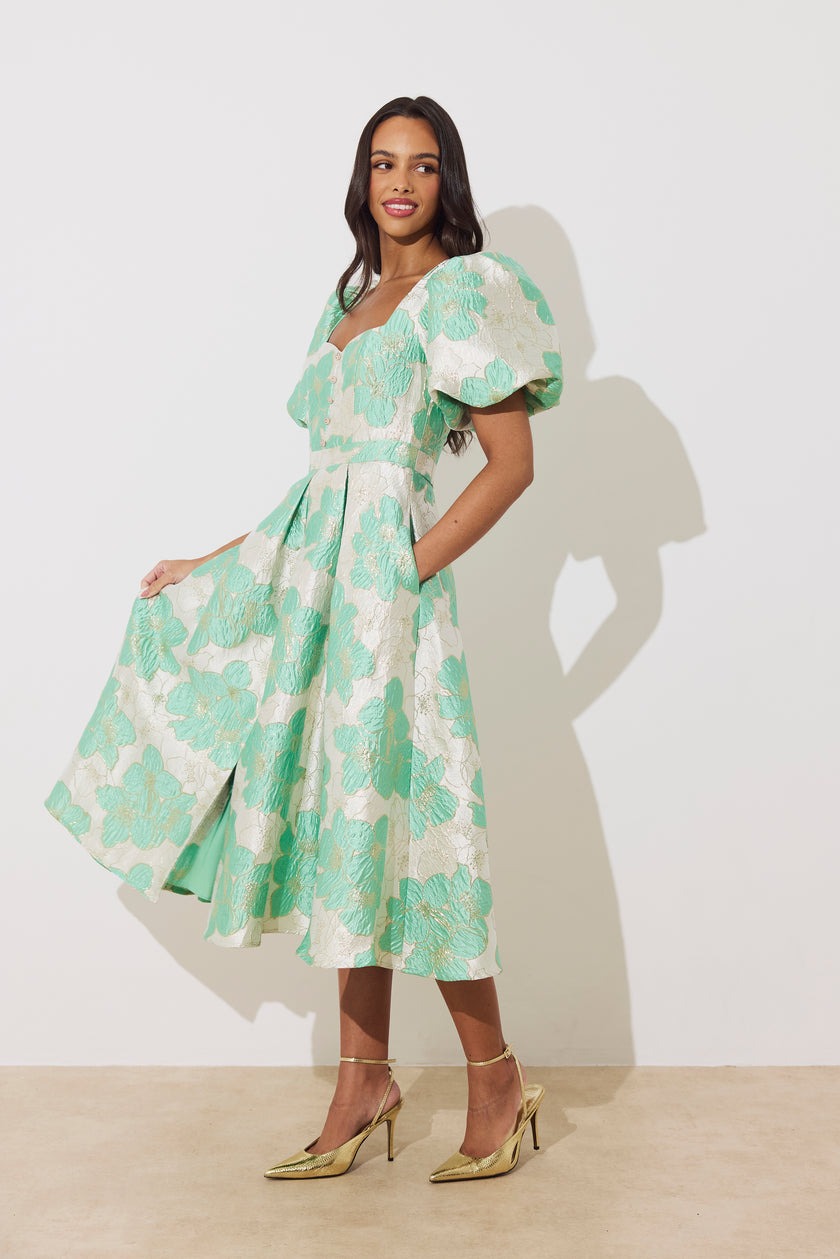 AUDREY PUFF SLEEVE FULL SKIRT DRESS - METALLIC MINT