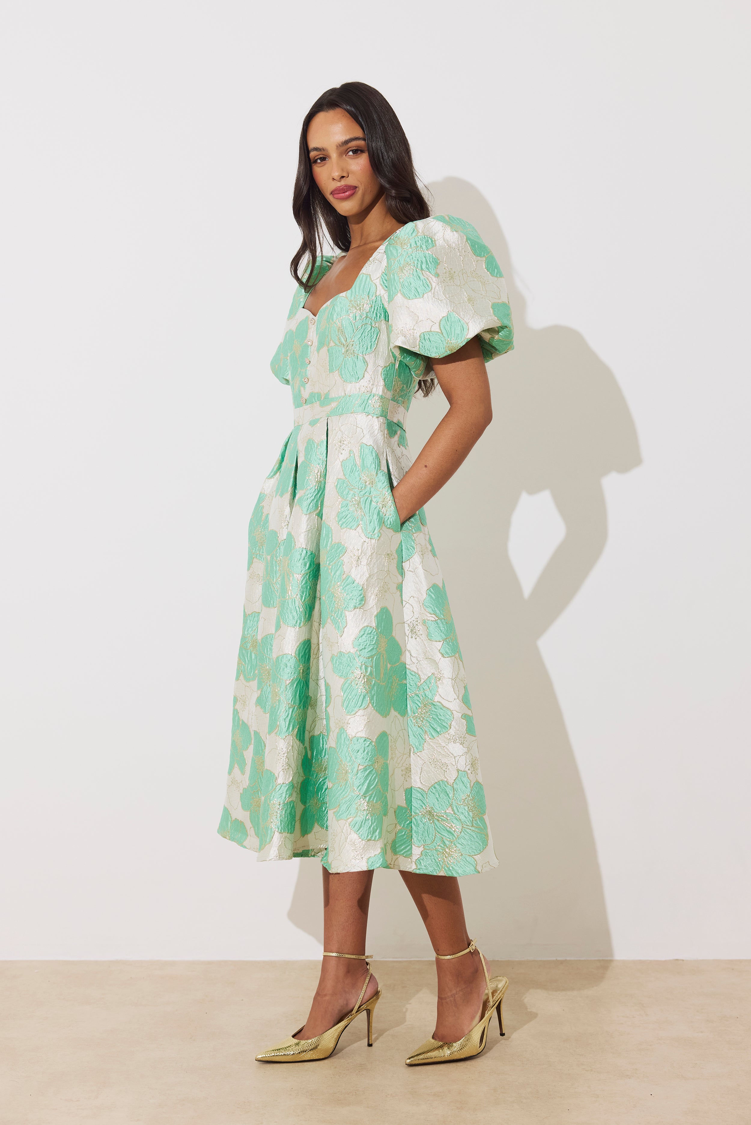 AUDREY PUFF SLEEVE FULL SKIRT DRESS - METALLIC MINT