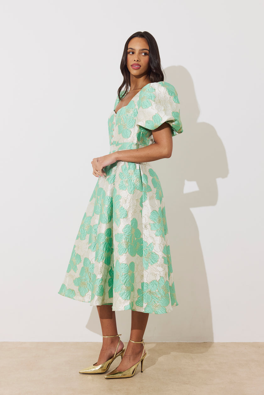 AUDREY PUFF SLEEVE FULL SKIRT DRESS - METALLIC MINT
