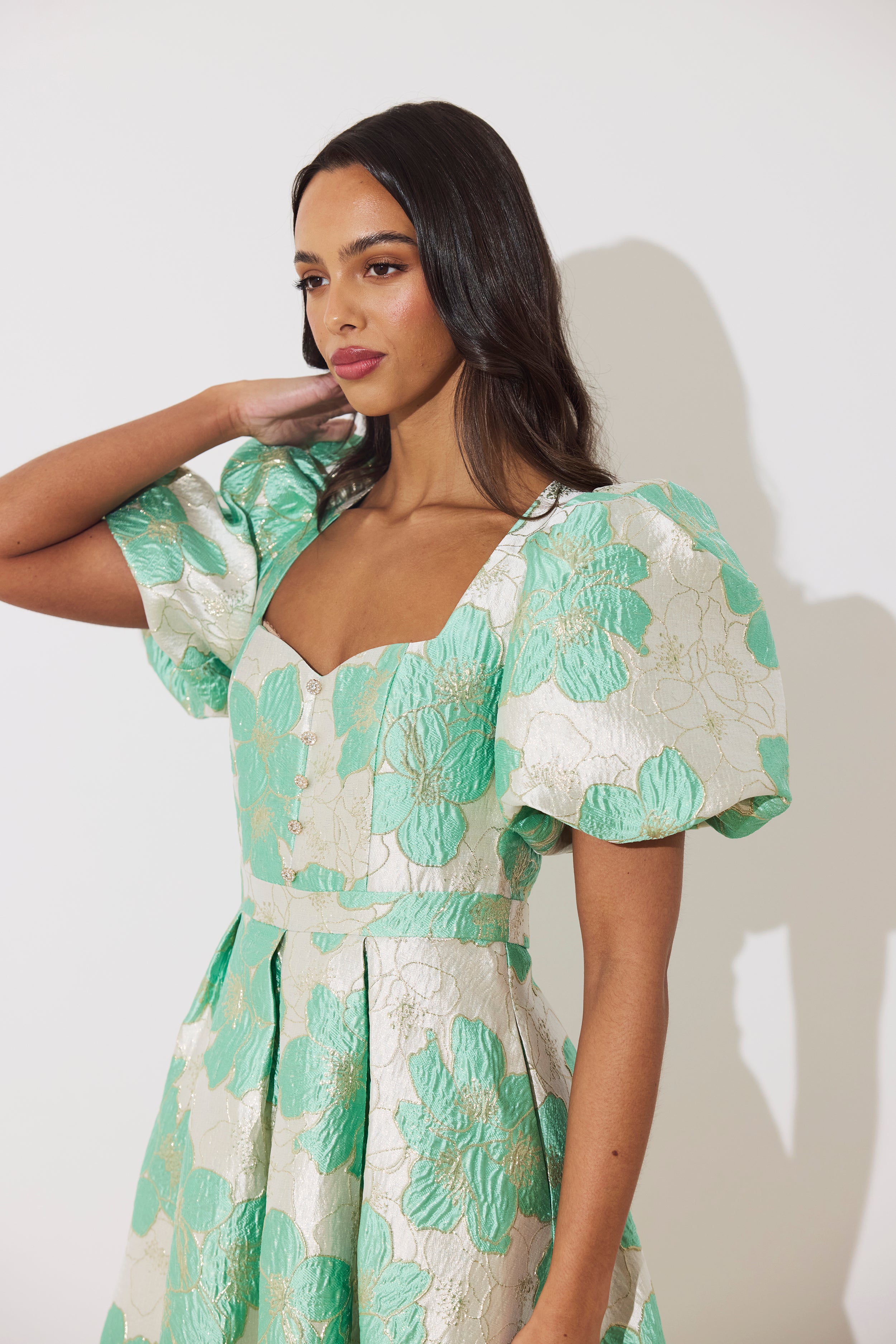 AUDREY PUFF SLEEVE FULL SKIRT DRESS - METALLIC MINT